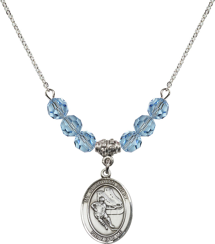 Sterling Silver Guardian Angel/Hockey Birthstone Necklace with Aqua Beads - 8704