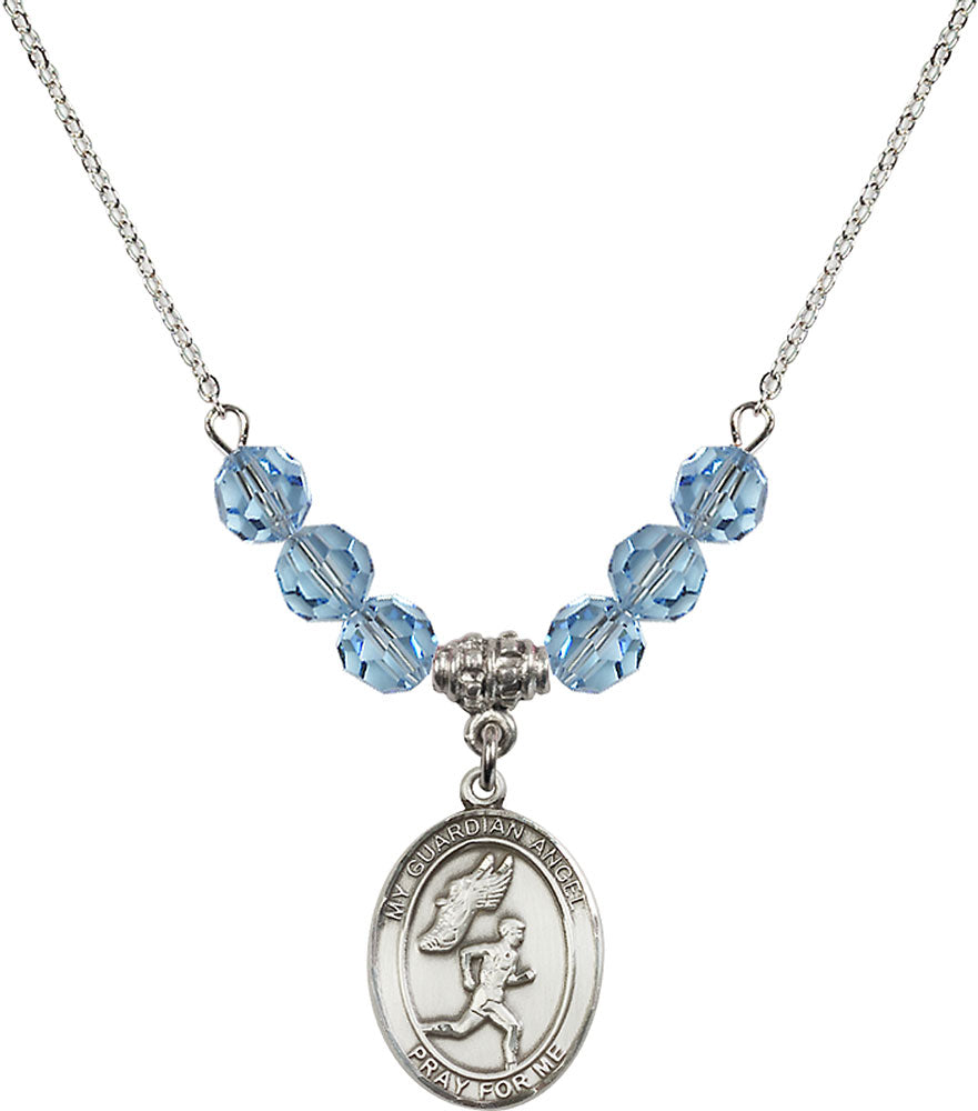 Sterling Silver Guardian Angel/Track&Field-Men Birthstone Necklace with Aqua Beads - 8709