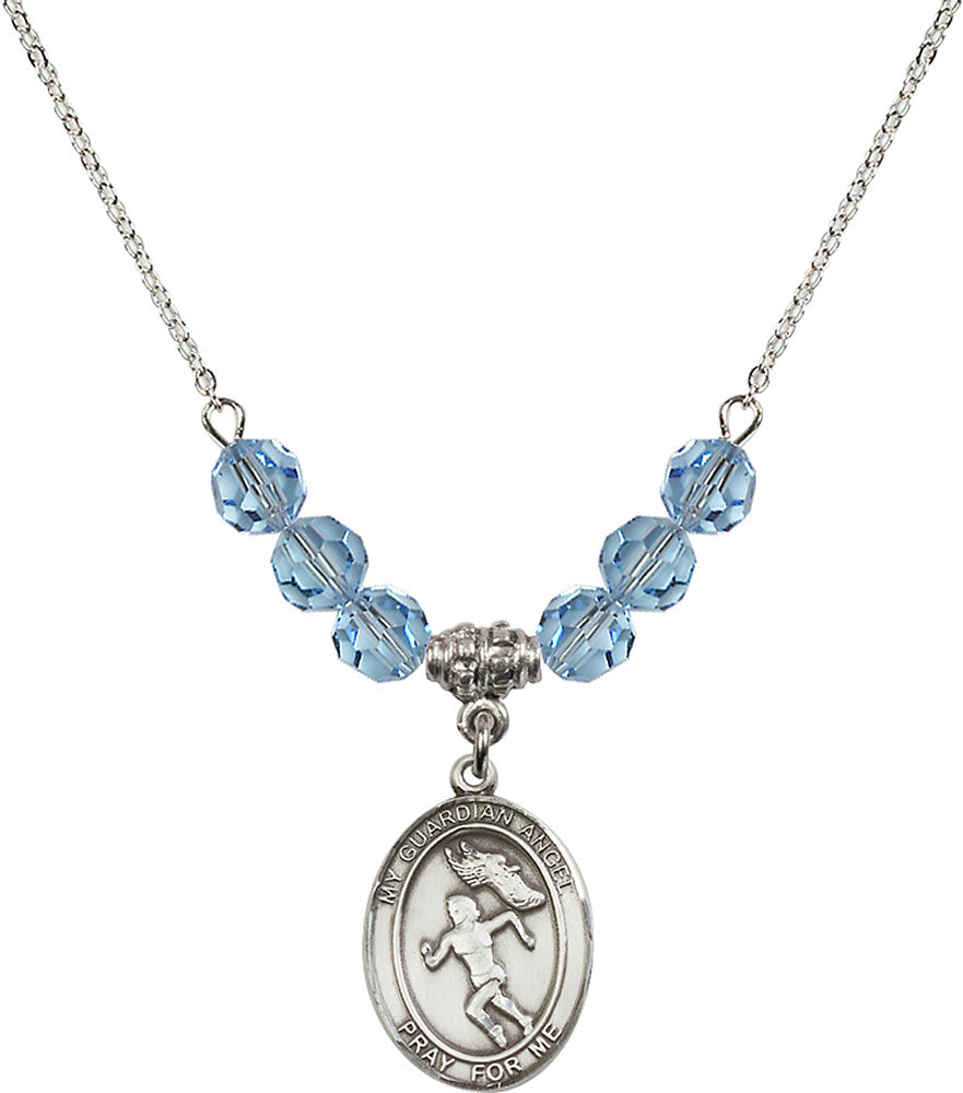 Sterling Silver Guardian Angel/Track&Field-Women Birthstone Necklace with Aqua Beads - 8710