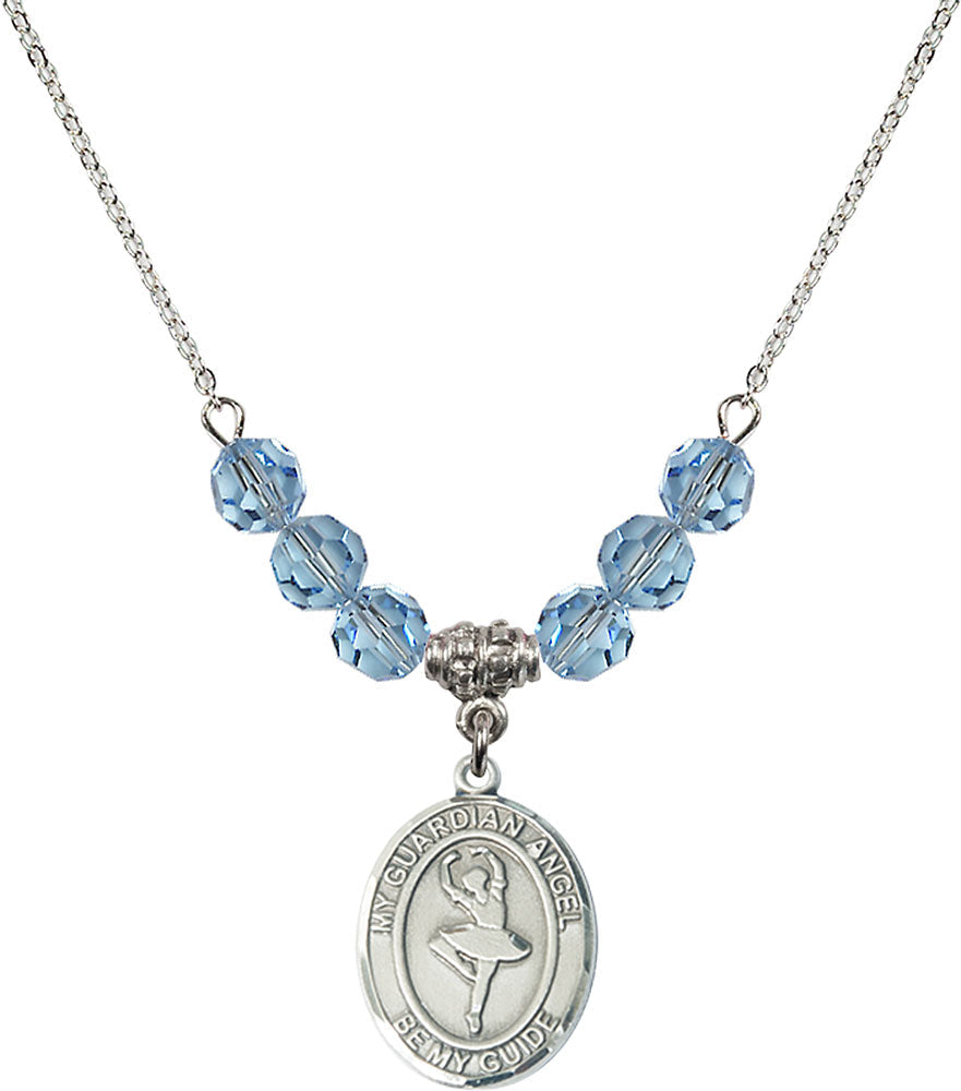 Sterling Silver Guardian Angel/Dance Birthstone Necklace with Aqua Beads - 8712