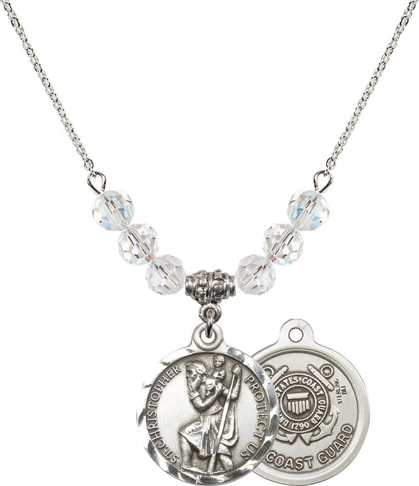 Sterling Silver Saint Christopher / Coast Guard Birthstone Necklace with Crystal Beads - 0192