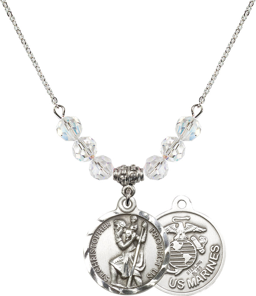 Sterling Silver Saint Christopher / Marines Birthstone Necklace with Crystal Beads - 0192