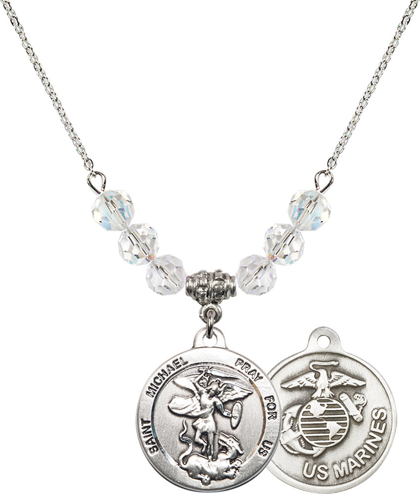 Sterling Silver Saint Michael / Marines Birthstone Necklace with Crystal Beads - 0342