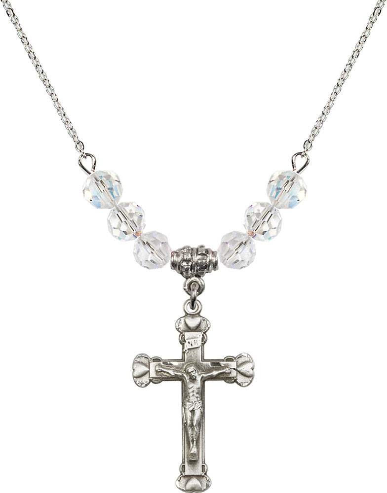 Sterling Silver Crucifix Birthstone Necklace with Crystal Beads - 0620