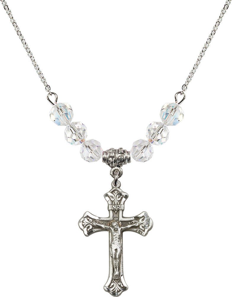 Sterling Silver Crucifix Birthstone Necklace with Crystal Beads - 0622
