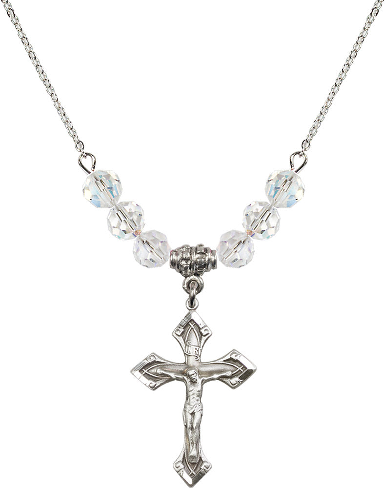 Sterling Silver Crucifix Birthstone Necklace with Crystal Beads - 0663