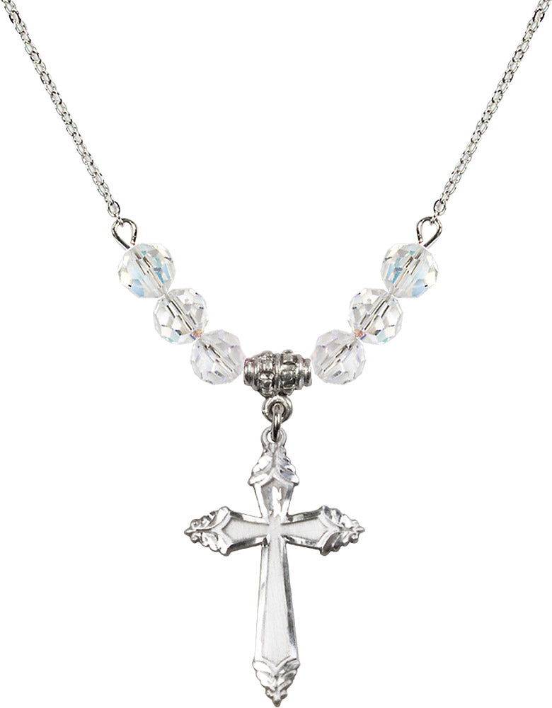 Sterling Silver Cross Birthstone Necklace with Crystal Beads - 0665