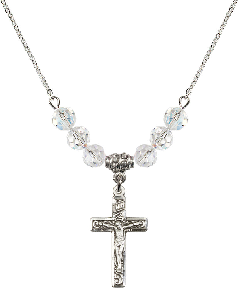 Sterling Silver Crucifix Birthstone Necklace with Crystal Beads - 0673