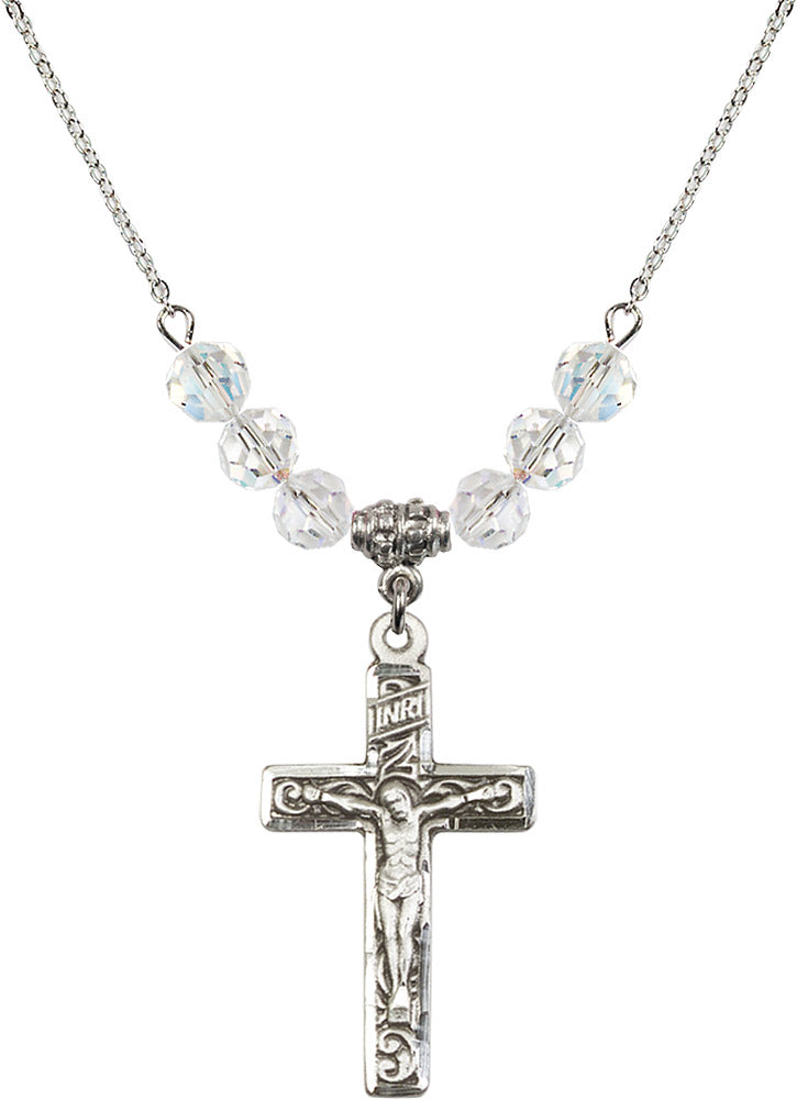 Sterling Silver Crucifix Birthstone Necklace with Crystal Beads - 0674