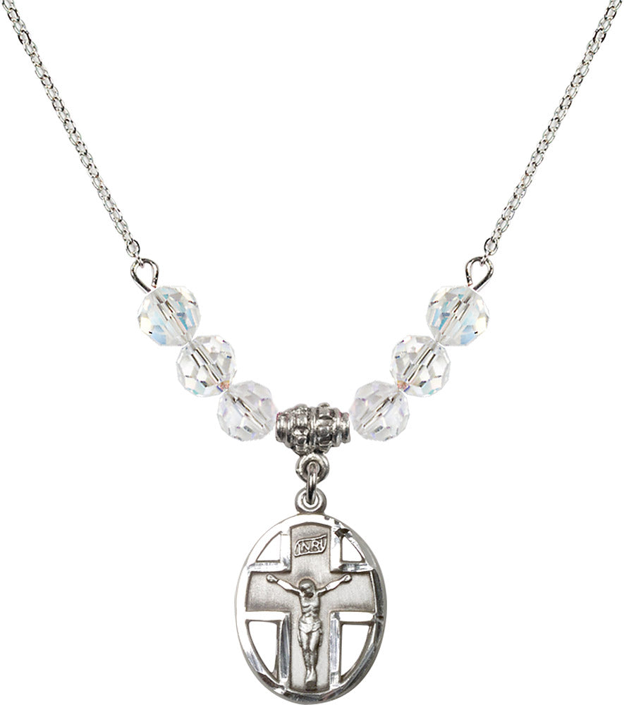 Sterling Silver Crucifix Birthstone Necklace with Crystal Beads - 0878