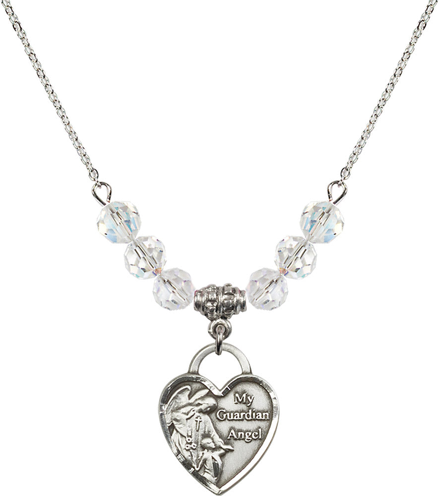 Sterling Silver Guardian Angel Heart Birthstone Necklace with Crystal Beads - 3202