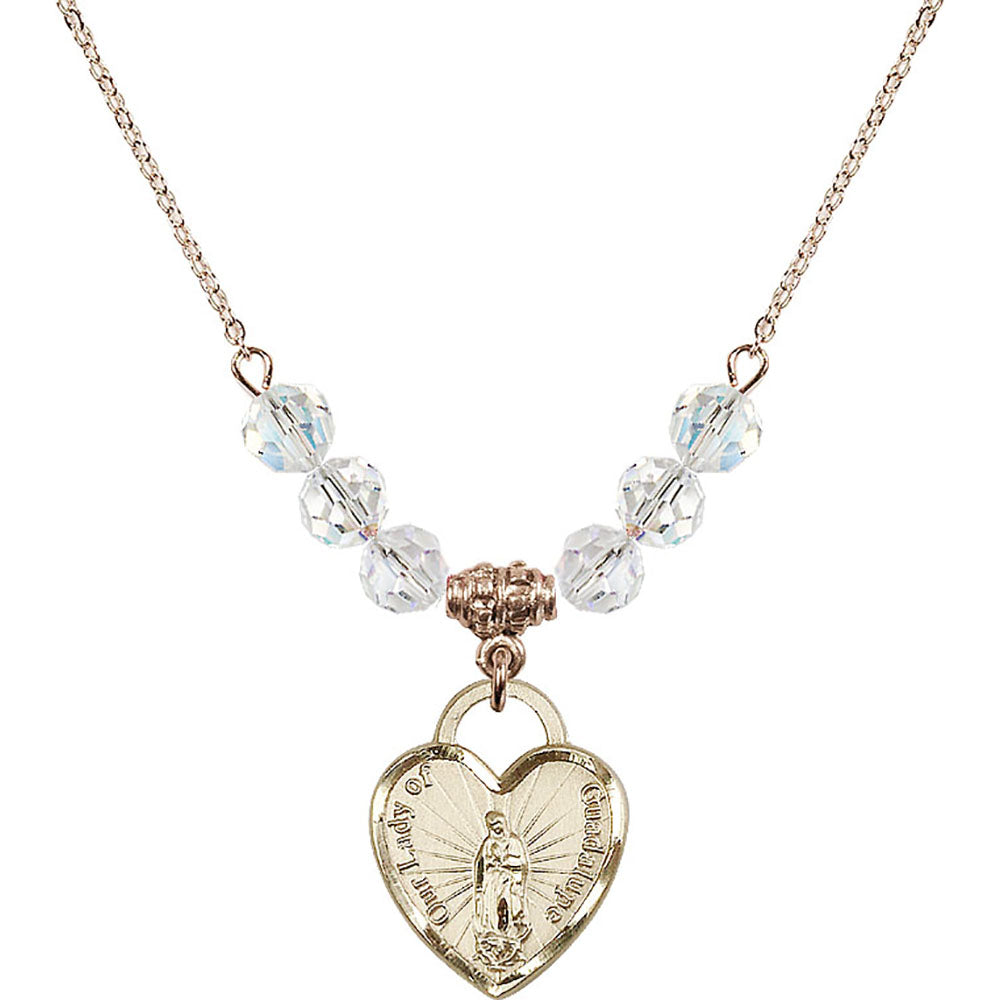 14kt Gold Filled Our Lady of Guadalupe Heart / Recuerdo Birthstone Necklace with Crystal Beads - 3209