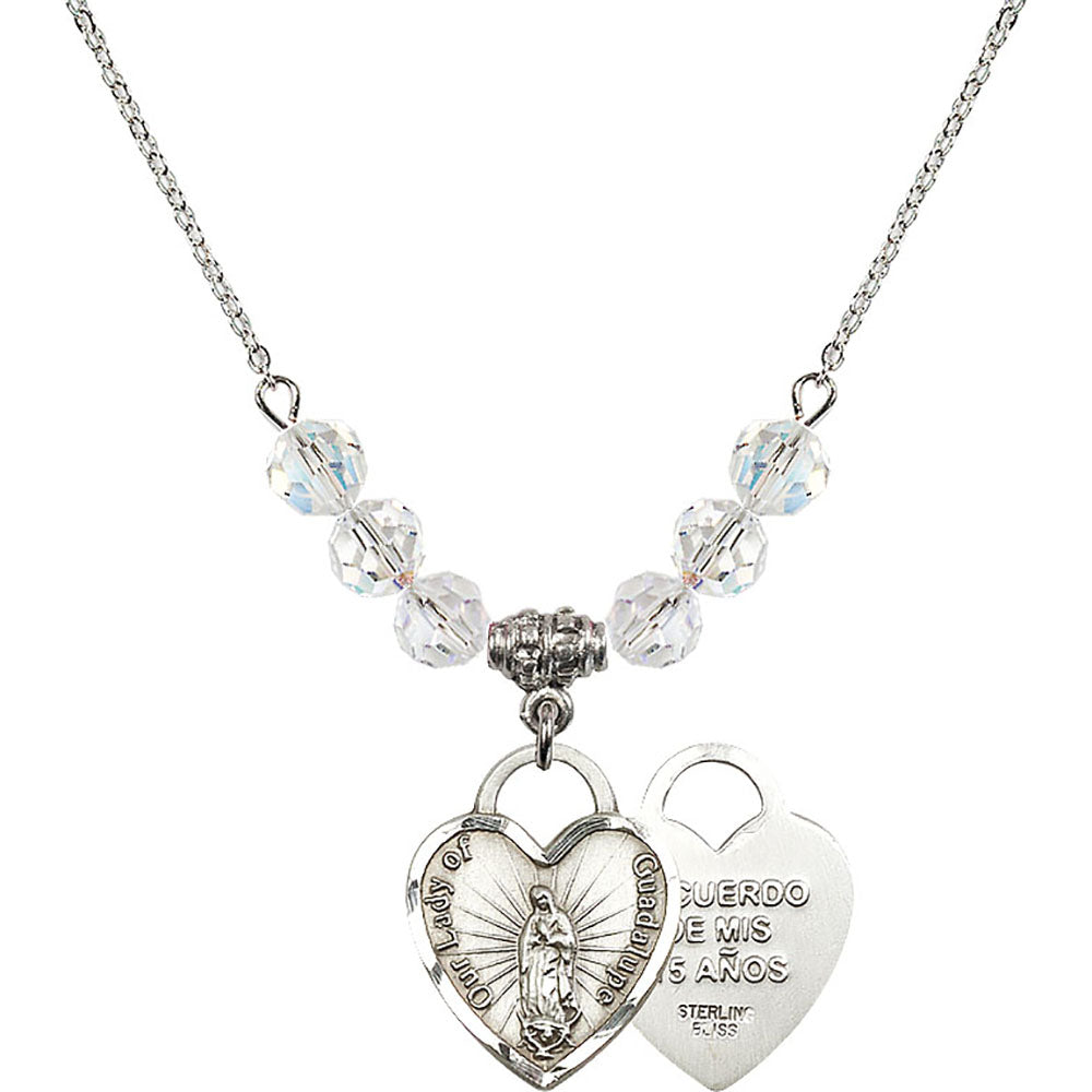 Sterling Silver Our Lady of Guadalupe Heart / Recuerdo Birthstone Necklace with Crystal Beads - 3209
