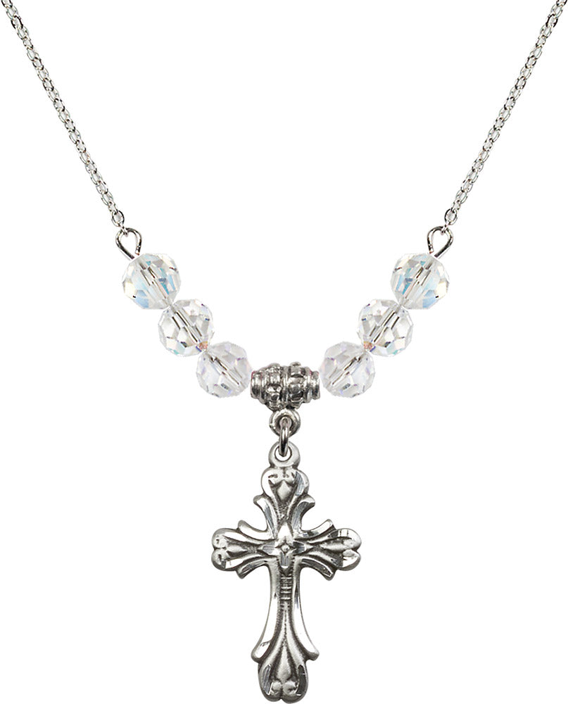 Sterling Silver Cross Birthstone Necklace with Crystal Beads - 5419