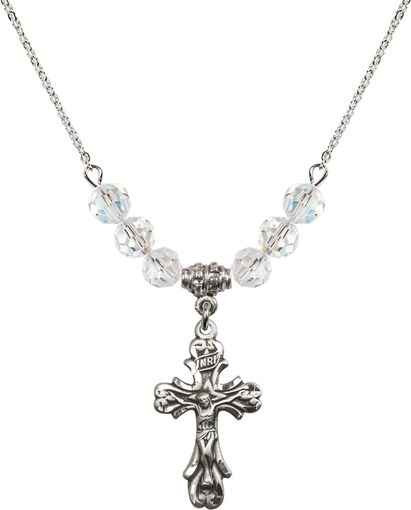 Sterling Silver Crucifix Birthstone Necklace with Crystal Beads - 5421