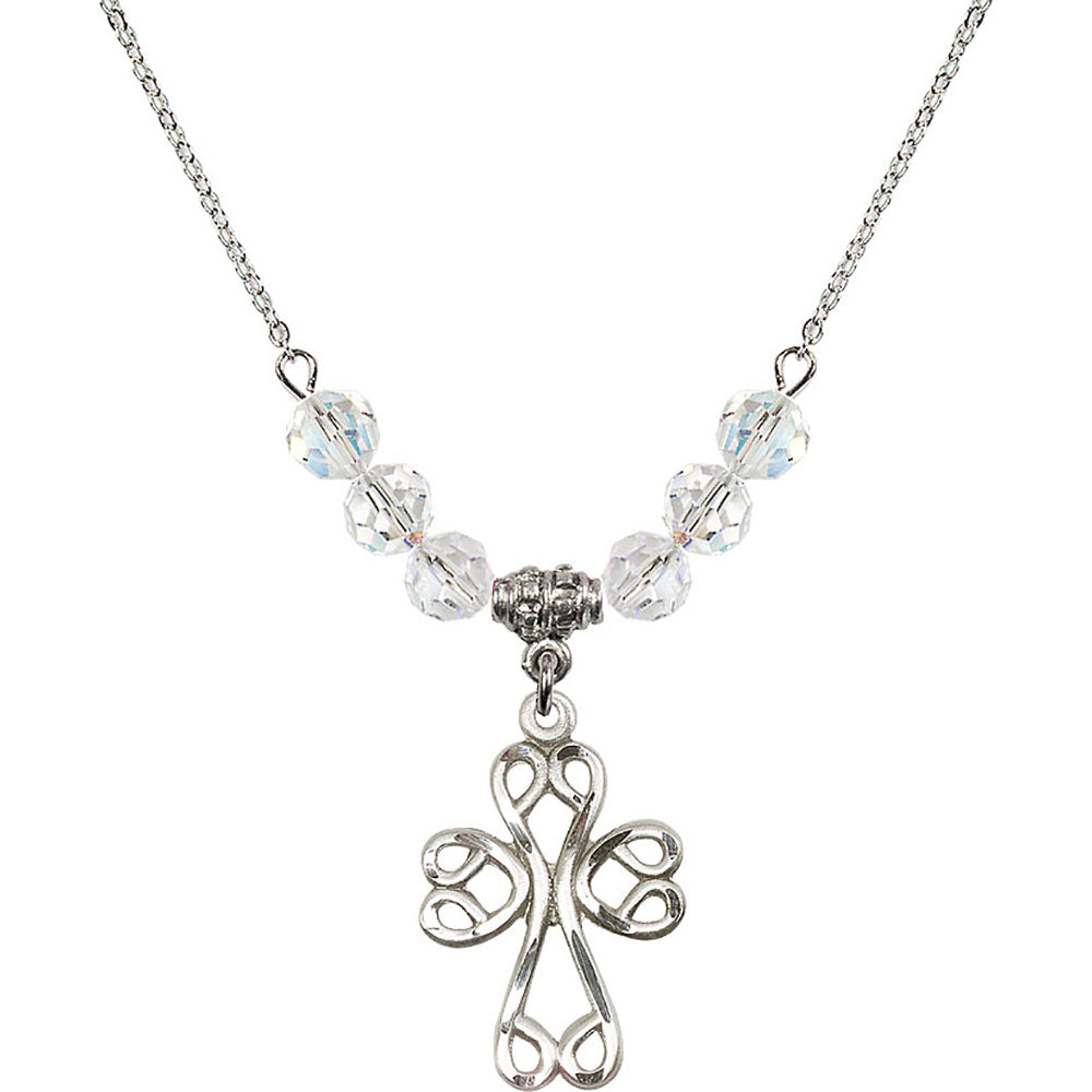 Sterling Silver Scroll Cross Birthstone Necklace with Crystal Beads - 5998