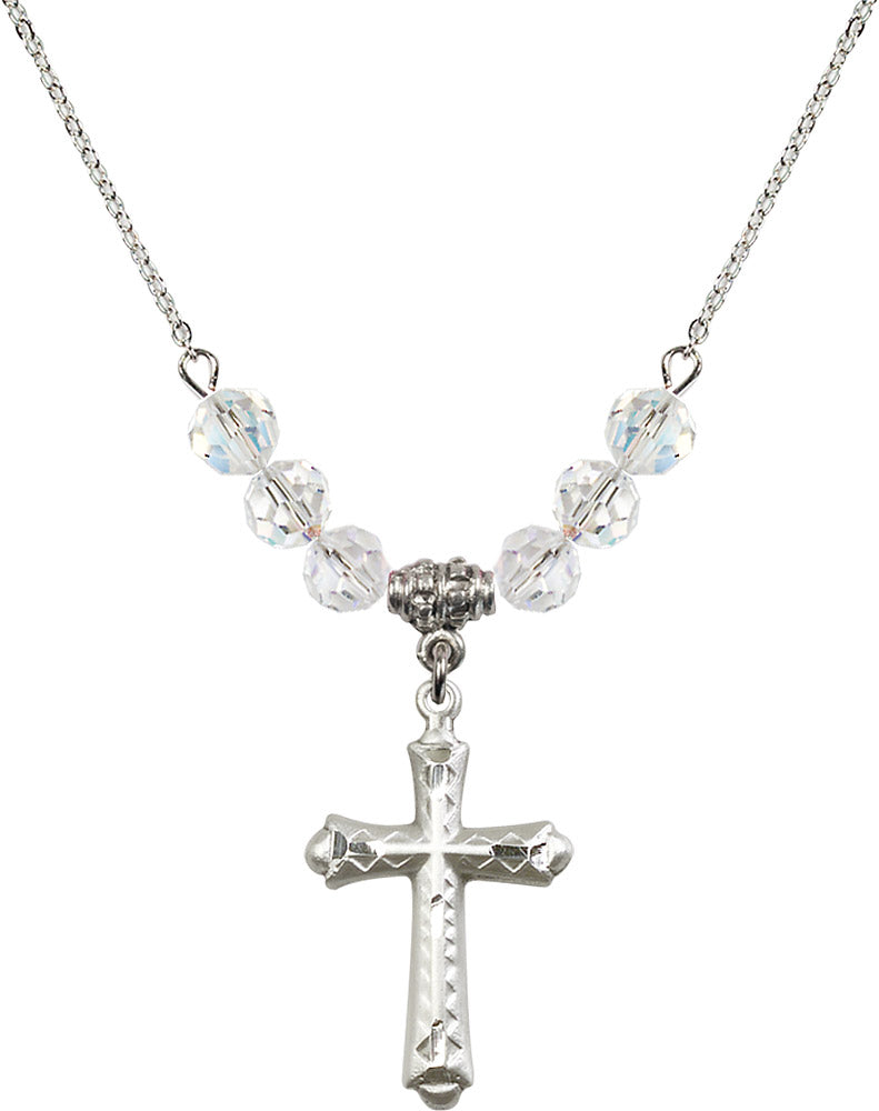 Sterling Silver Cross Birthstone Necklace with Crystal Beads - 6007