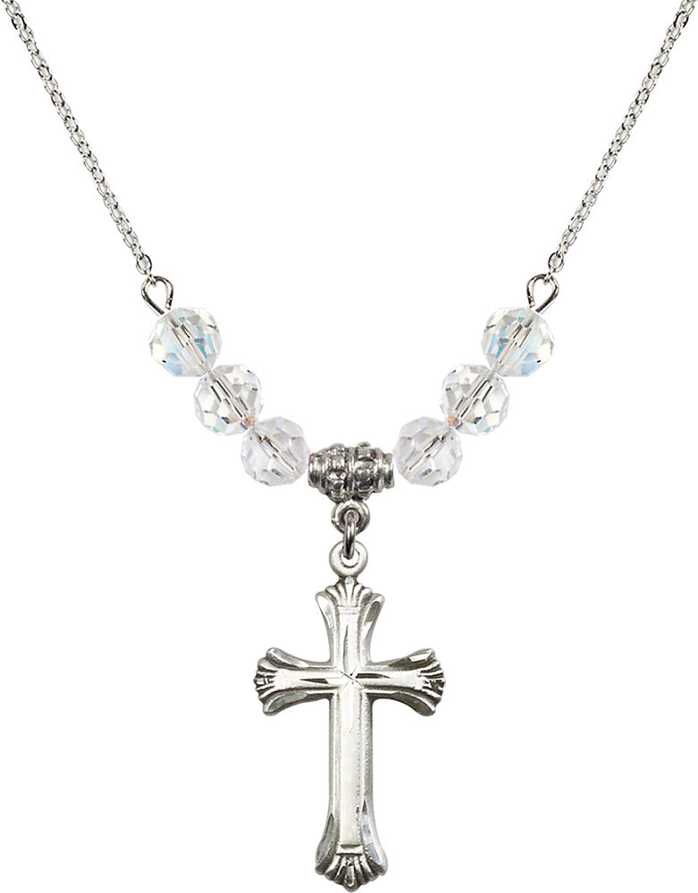 Sterling Silver Cross Birthstone Necklace with Crystal Beads - 6013
