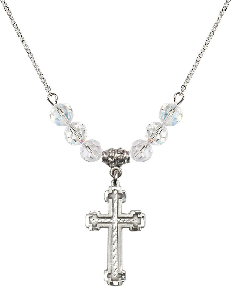 Sterling Silver Cross Birthstone Necklace with Crystal Beads - 6039