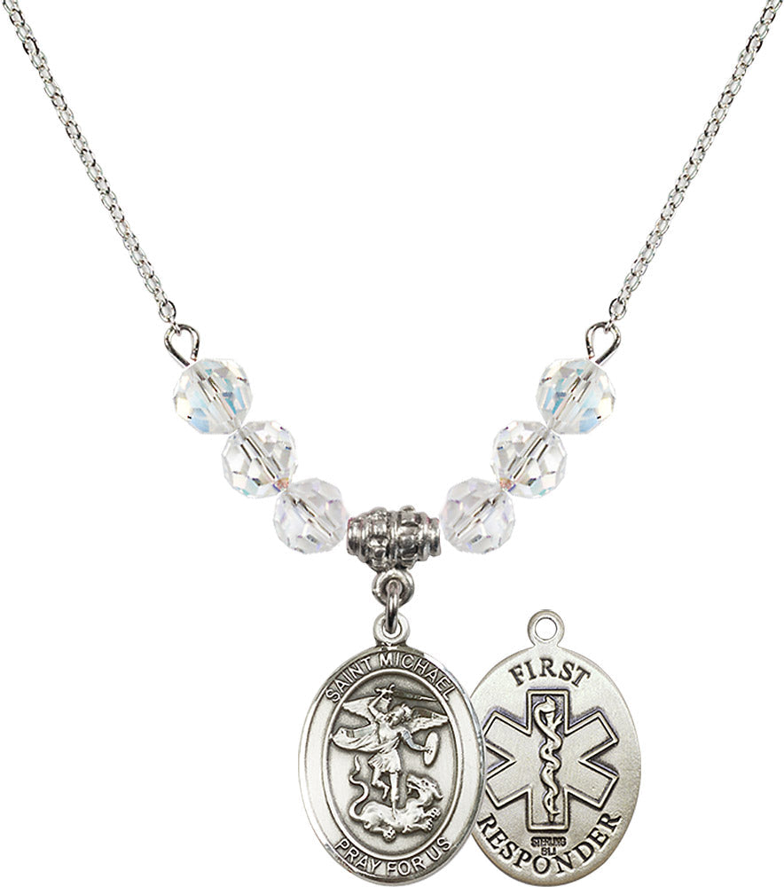 Sterling Silver Saint Michael/1St Responder Birthstone Necklace with Crystal Beads - 8076