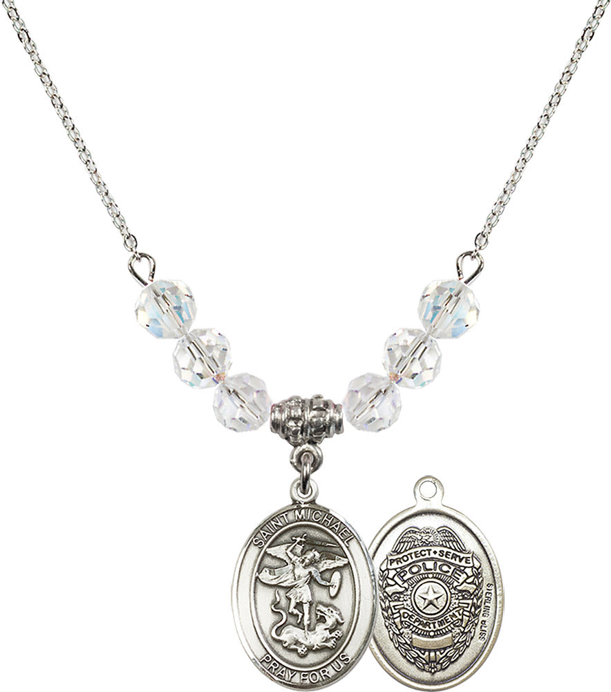 Sterling Silver Saint Michael / Policeman Birthstone Necklace with Crystal Beads - 8076