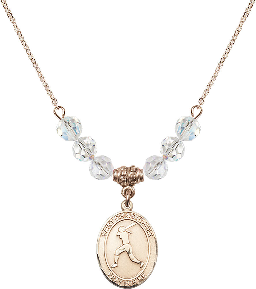 14kt Gold Filled Saint Christopher/Softball Birthstone Necklace with Crystal Beads - 8145