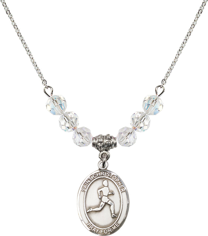 Sterling Silver Saint Christopher/Track & Field Birthstone Necklace with Crystal Beads - 8149