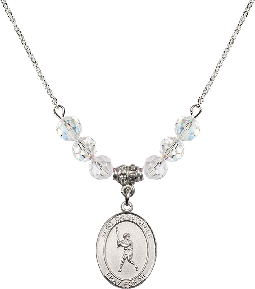 Sterling Silver Saint Christopher/Baseball Birthstone Necklace with Crystal Beads - 8150