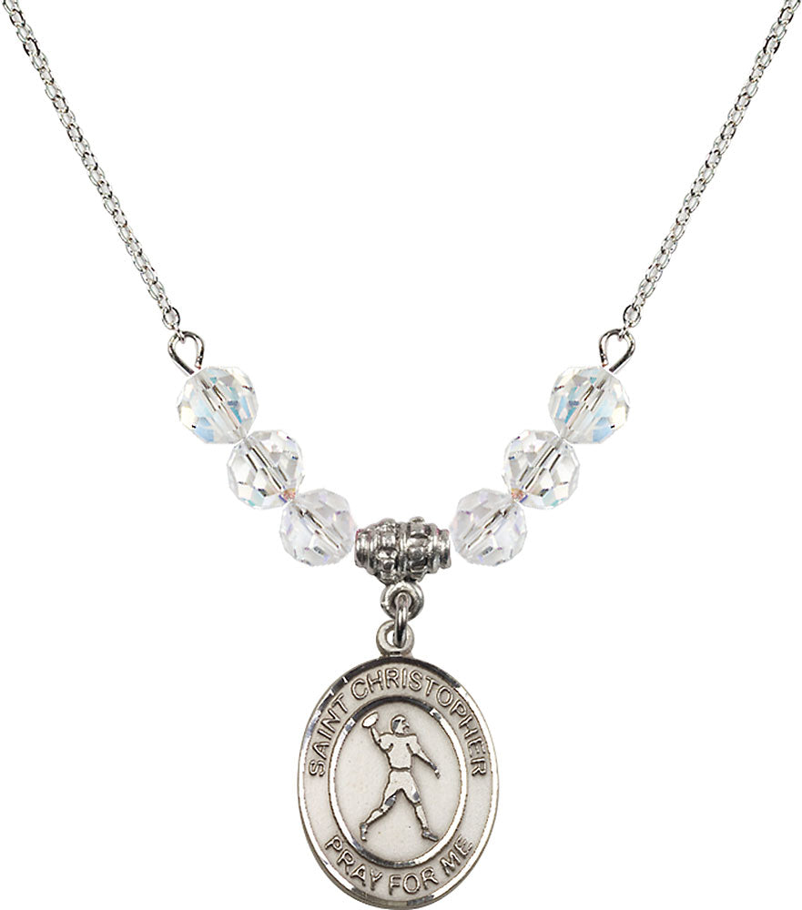 Sterling Silver Saint Christopher/Football Birthstone Necklace with Crystal Beads - 8151