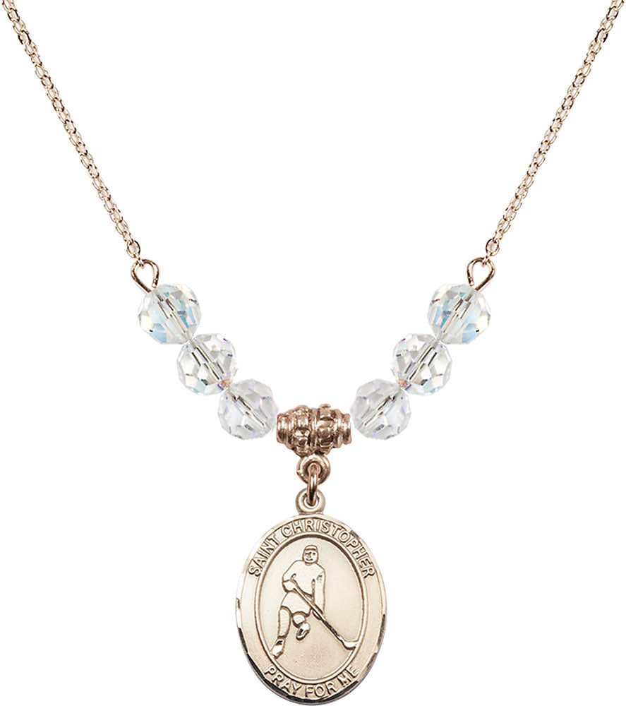14kt Gold Filled Saint Christopher/Ice Hockey Birthstone Necklace with Crystal Beads - 8155