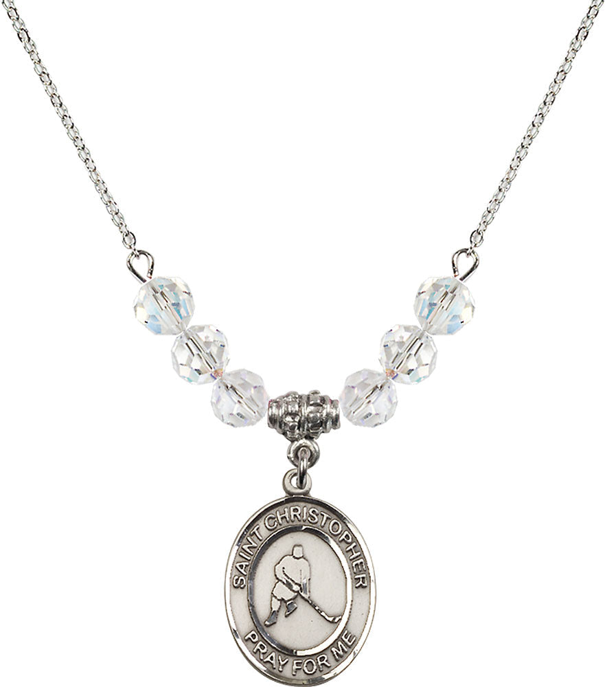 Sterling Silver Saint Christopher/Ice Hockey Birthstone Necklace with Crystal Beads - 8155