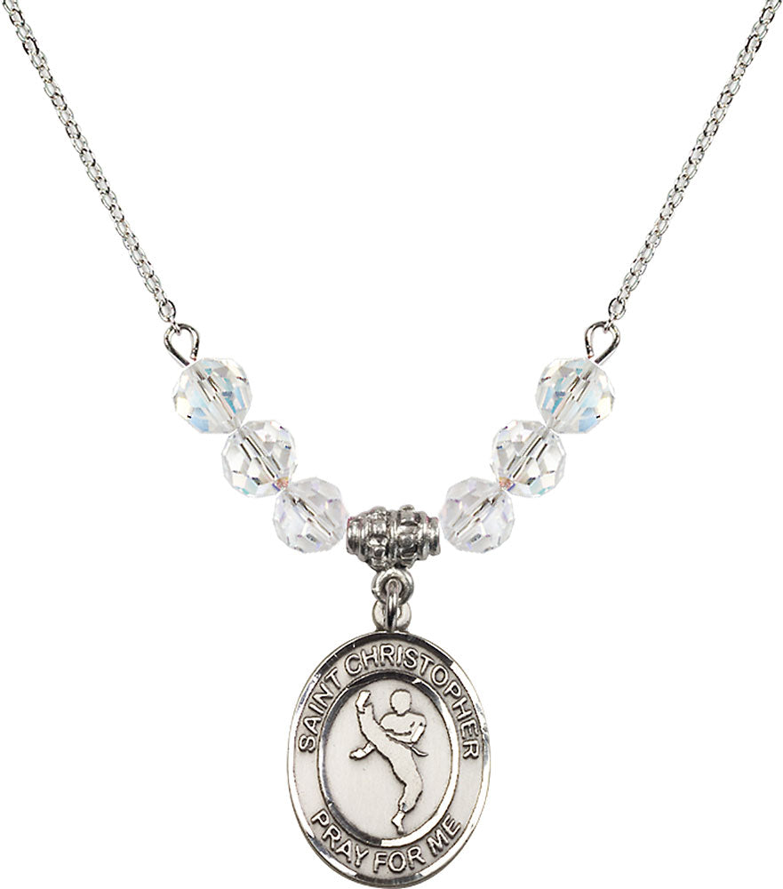 Sterling Silver Saint Christopher/Martial Arts Birthstone Necklace with Crystal Beads - 8158