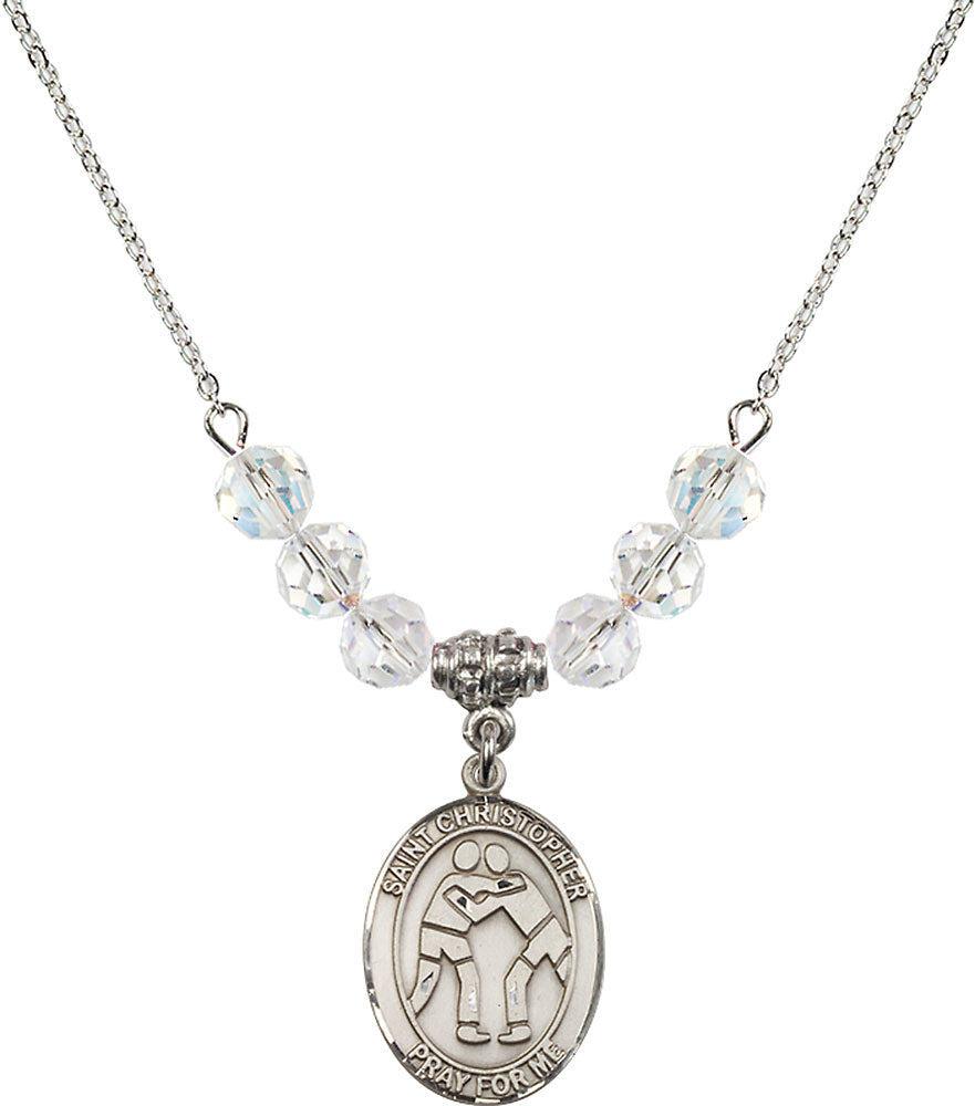 Sterling Silver Saint Christopher/Wrestling Birthstone Necklace with Crystal Beads - 8159