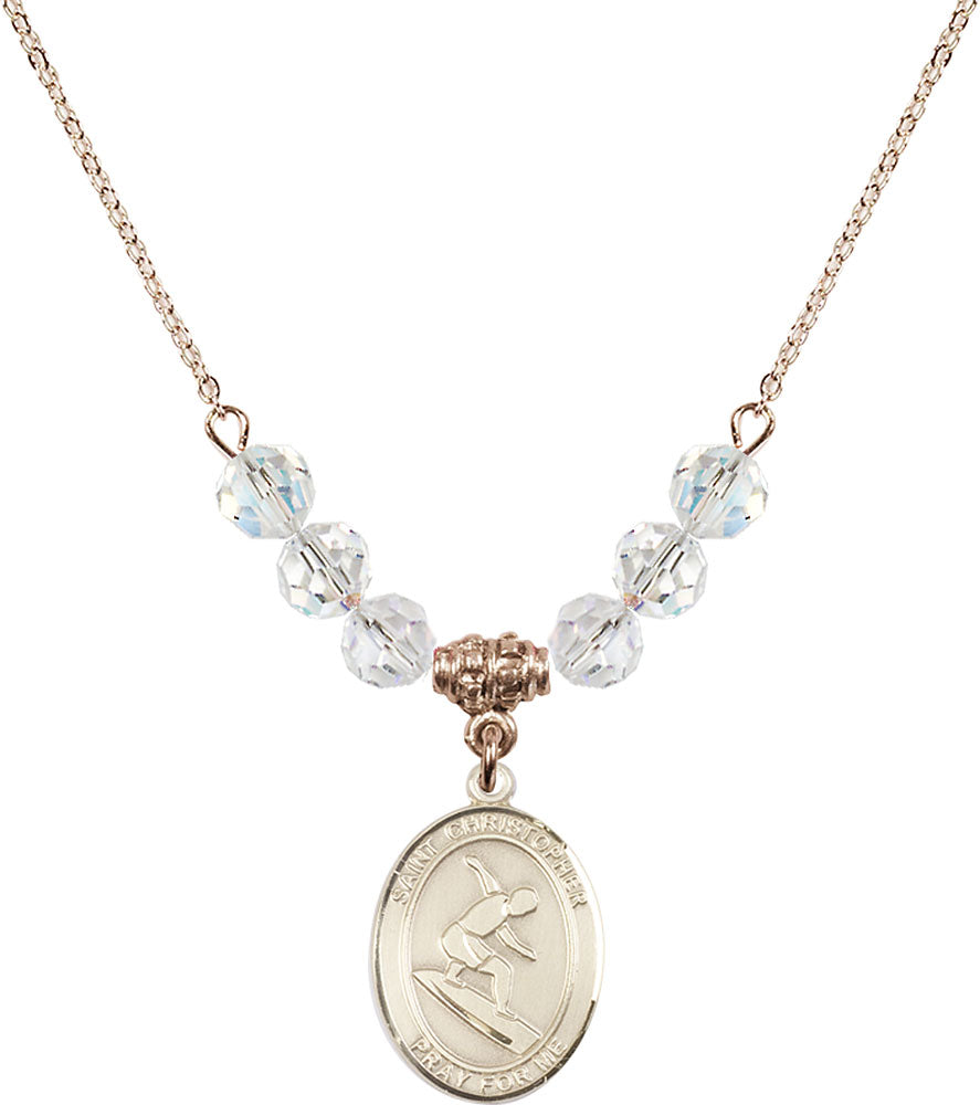 14kt Gold Filled Saint Christopher/Surfing Birthstone Necklace with Crystal Beads - 8184