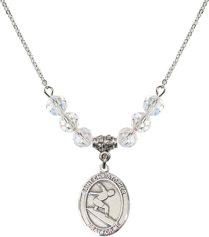 Sterling Silver Saint Christopher/Surfing Birthstone Necklace with Crystal Beads - 8184