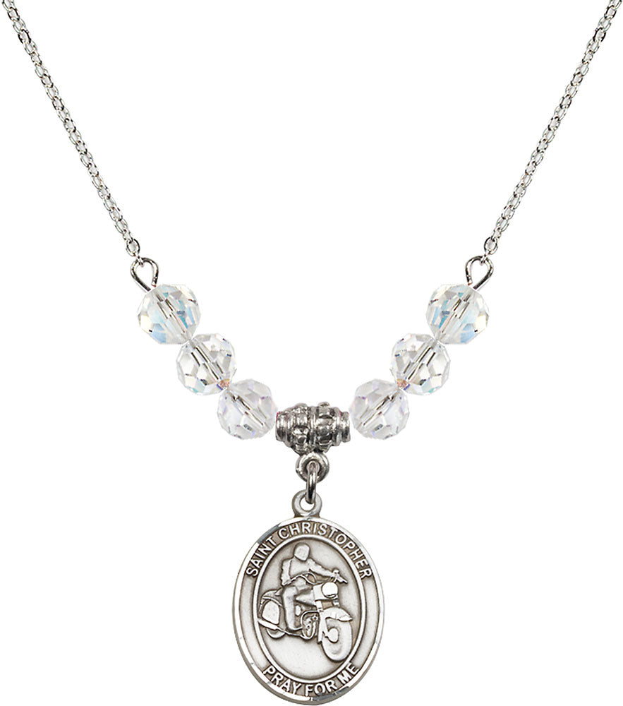 Sterling Silver Saint Christopher/Motorcycle Birthstone Necklace with Crystal Beads - 8185