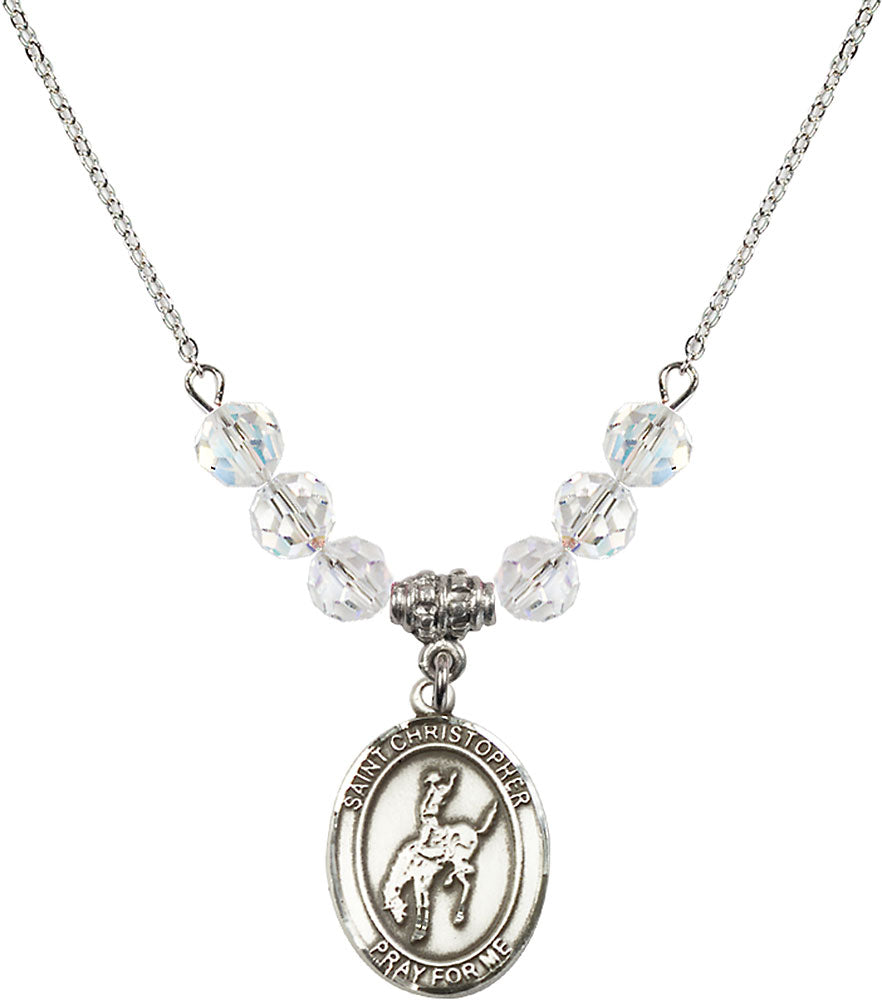 Sterling Silver Saint Christopher / Rodeo Birthstone Necklace with Crystal Beads - 8192