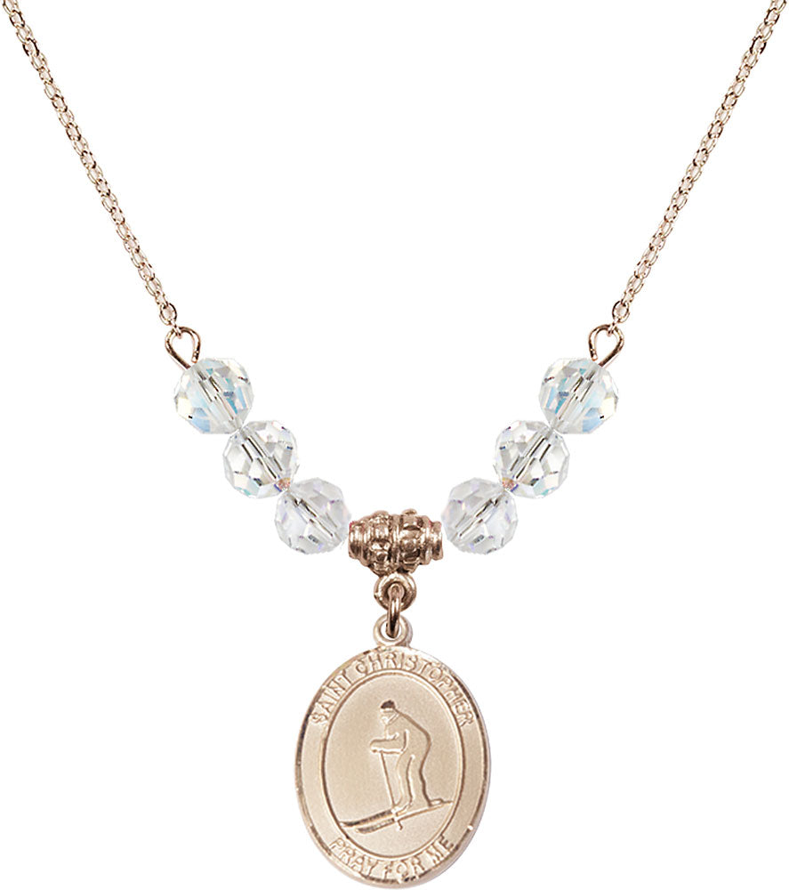 14kt Gold Filled Saint Christopher / Skiing Birthstone Necklace with Crystal Beads - 8193