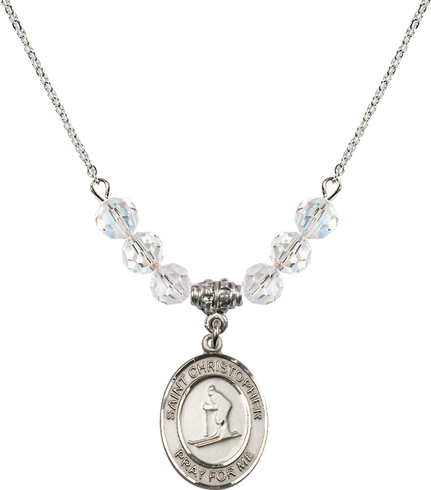 Sterling Silver Saint Christopher / Skiing Birthstone Necklace with Crystal Beads - 8193