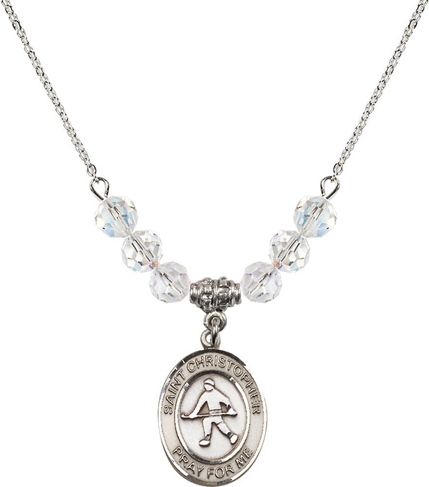 Sterling Silver Saint Christopher / Field Hockey Birthstone Necklace with Crystal Beads - 8195