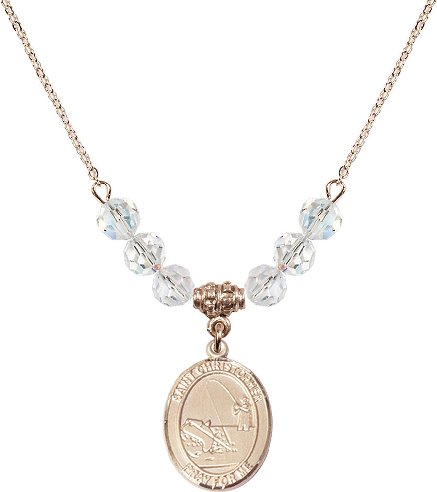 14kt Gold Filled Saint Christopher / Fishing Birthstone Necklace with Crystal Beads - 8196
