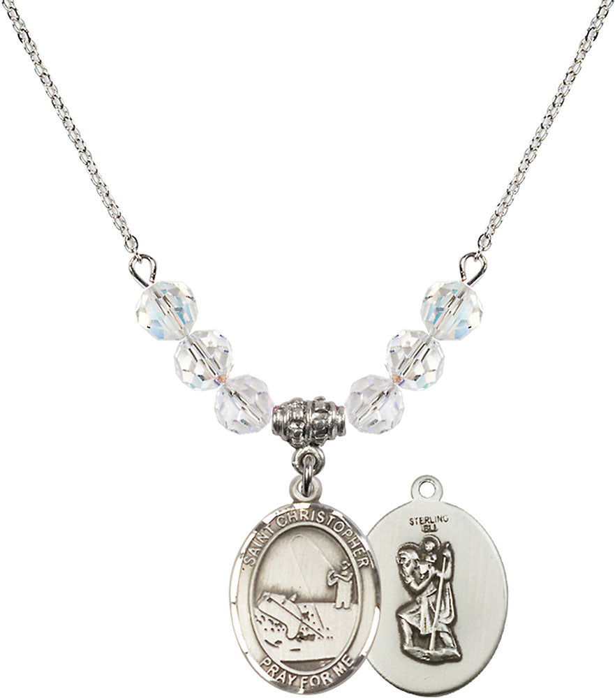 Sterling Silver Saint Christopher / Fishing Birthstone Necklace with Crystal Beads - 8196