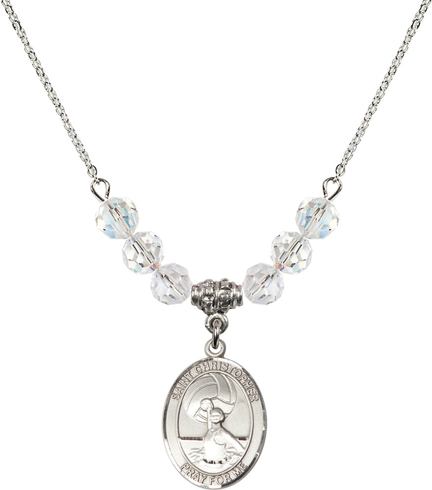 Sterling Silver Saint Christopher/Water Polo-Women Birthstone Necklace with Crystal Beads - 8199