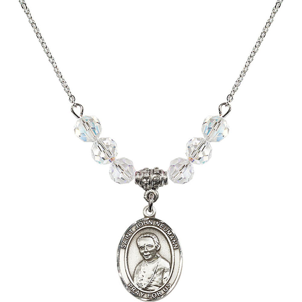 Sterling Silver Saint John Neumann Birthstone Necklace with Crystal Beads - 8204