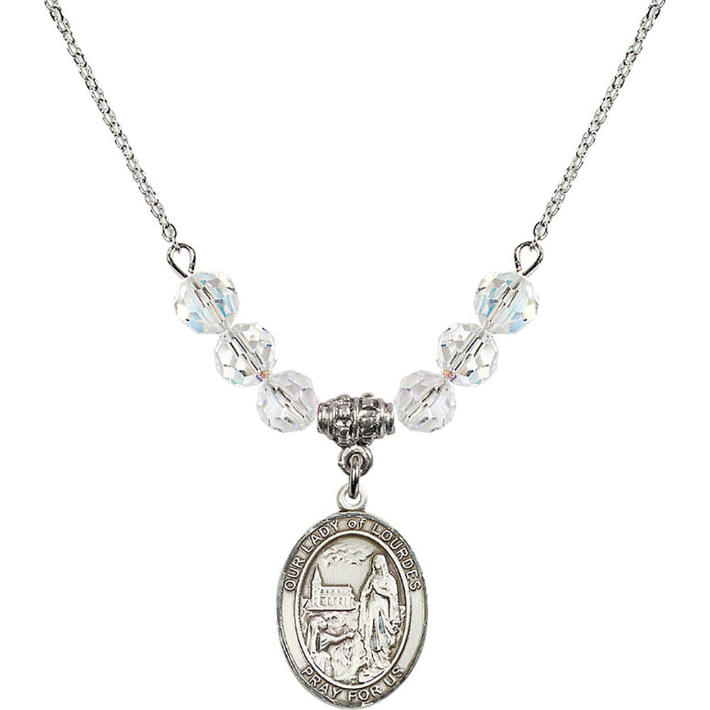Sterling Silver Our Lady of Lourdes Birthstone Necklace with Crystal Beads - 8288