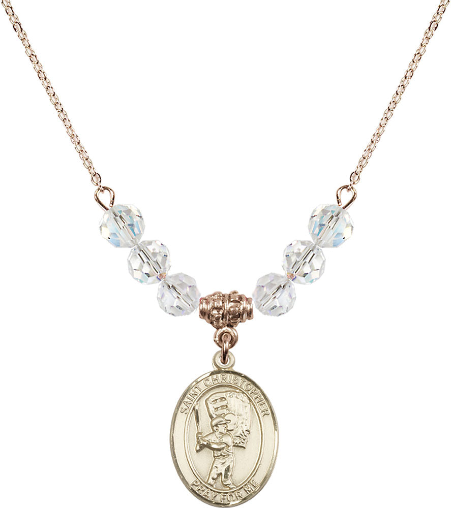 14kt Gold Filled Saint Christopher/Baseball Birthstone Necklace with Crystal Beads - 8500