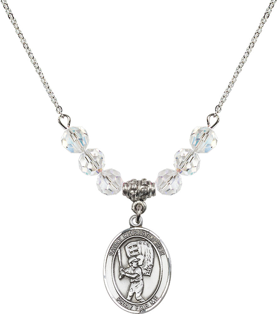 Sterling Silver Saint Christopher/Baseball Birthstone Necklace with Crystal Beads - 8500