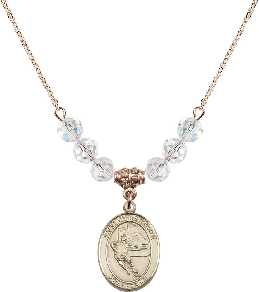 14kt Gold Filled Saint Christopher/Hockey Birthstone Necklace with Crystal Beads - 8504