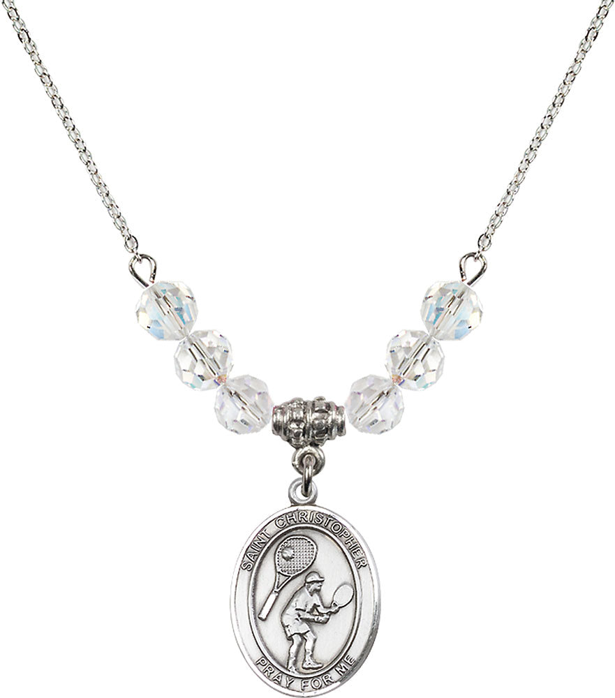 Sterling Silver Saint Christopher/Tennis Birthstone Necklace with Crystal Beads - 8505