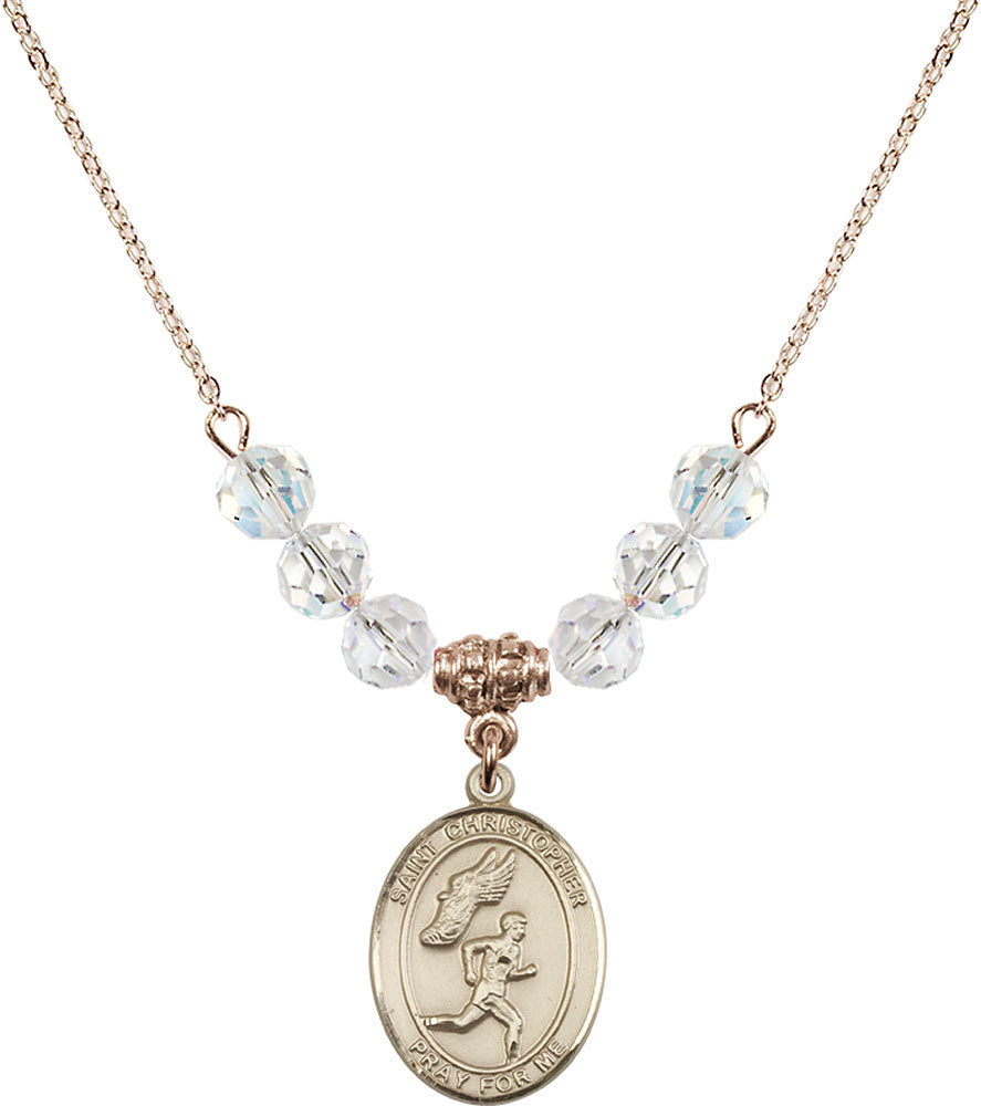14kt Gold Filled Saint Christopher/Track&Field-Men Birthstone Necklace with Crystal Beads - 8509